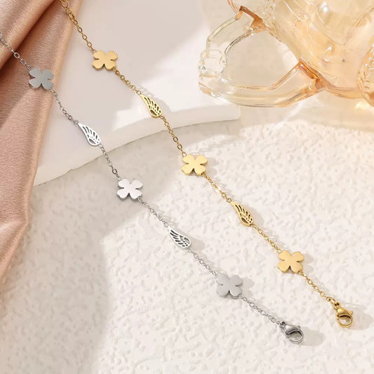 Elegant Clover & Wing Charm Chain Bracelets – Silver