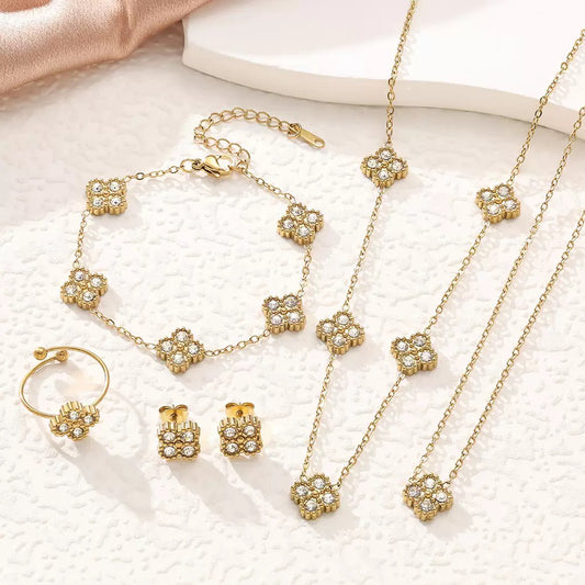 Gold Crystal Floral Jewelry Set – 5 Pieces