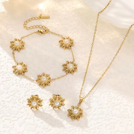 Gold Floral Pearl Jewelry Set – Necklace, Bracelet & Earrings