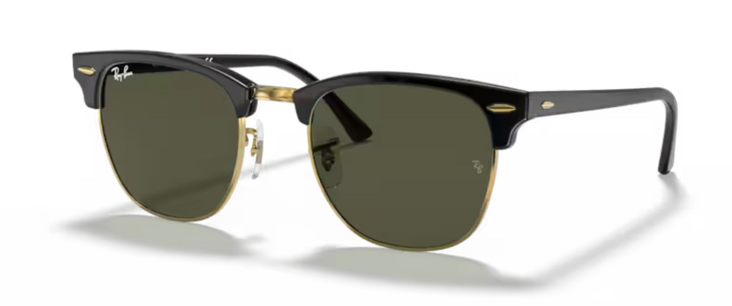 Rayban Clubmaster Black on Gold Sunglasses with Classic Rayban Green Tint