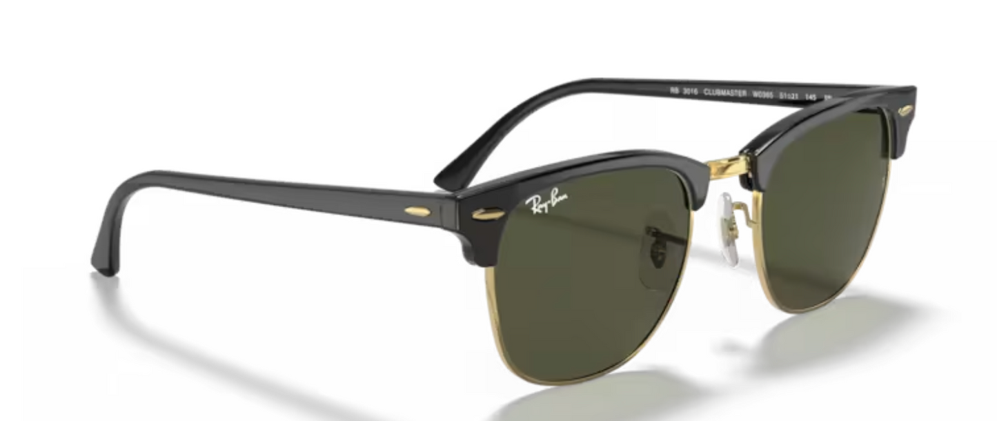 Rayban Clubmaster Black on Gold Sunglasses with Classic Rayban Green Tint