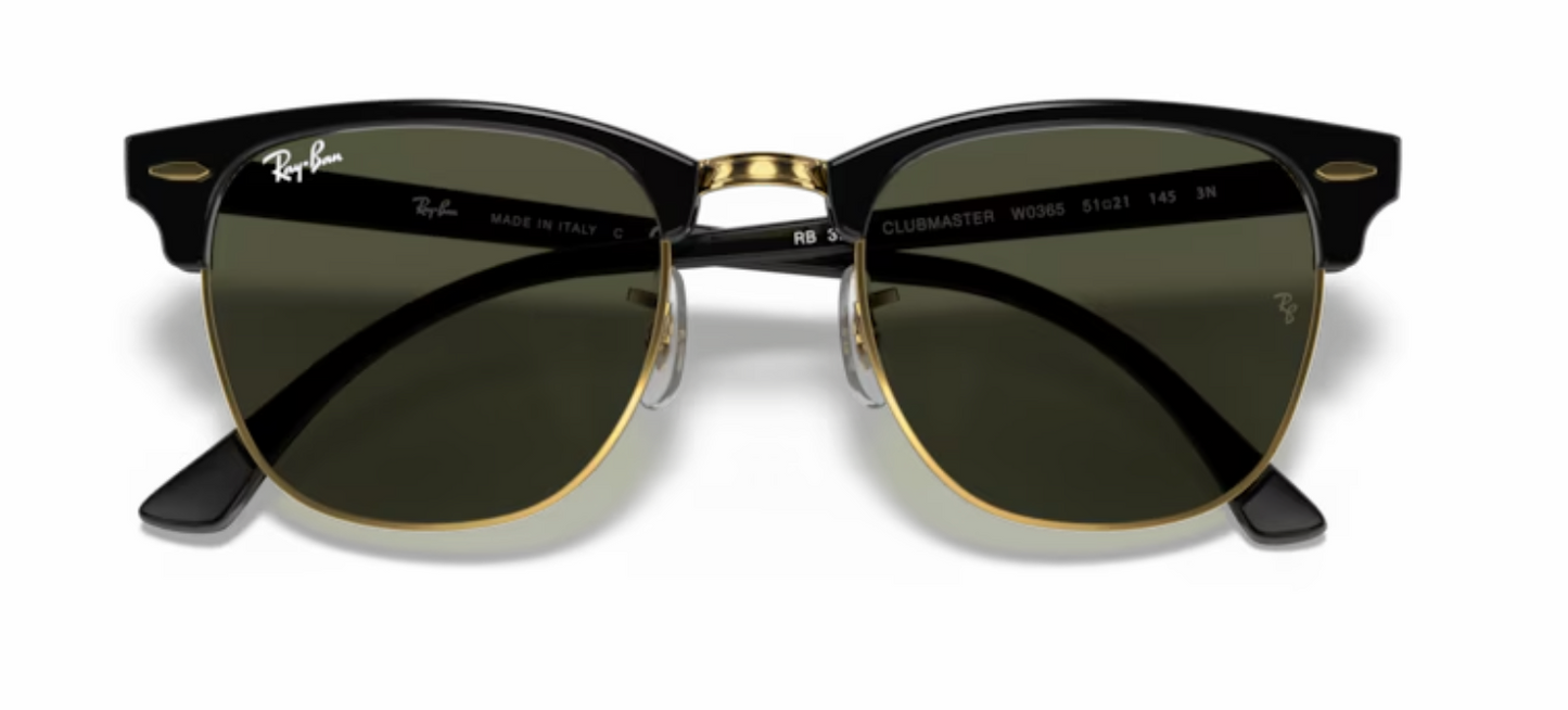 Rayban Clubmaster Black on Gold Sunglasses with Classic Rayban Green Tint
